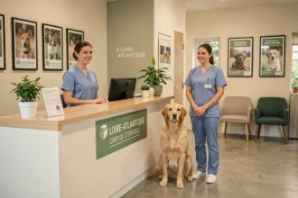 Vue générale d'une clinique vétérinaire moderne en Loire-Atlantique avec un golden retriever à l'accueil