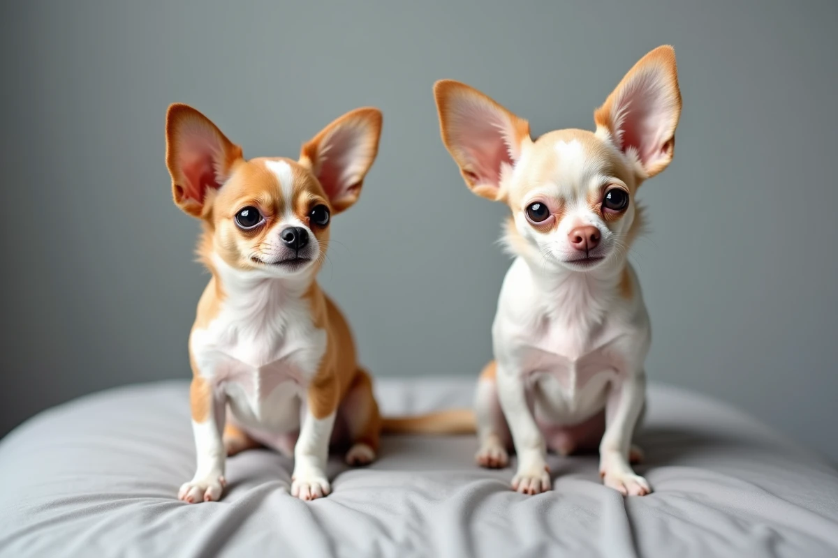 Comparaison côte à côte de deux Chihuahuas adultes pour identifier les différences d'oreilles papillon authentiques et les signes d'une race mal sélectionnée ou frauduleuse