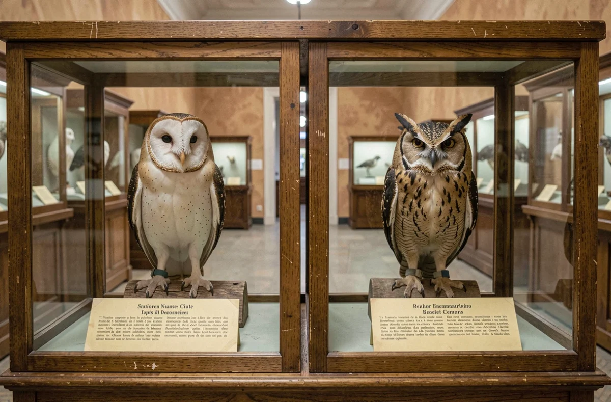 Deux spécimens naturalisés dans un musée d'histoire naturelle montrant côte à côte une chouette et un hibou, mettant en évidence la présence ou l'absence d'aigrettes