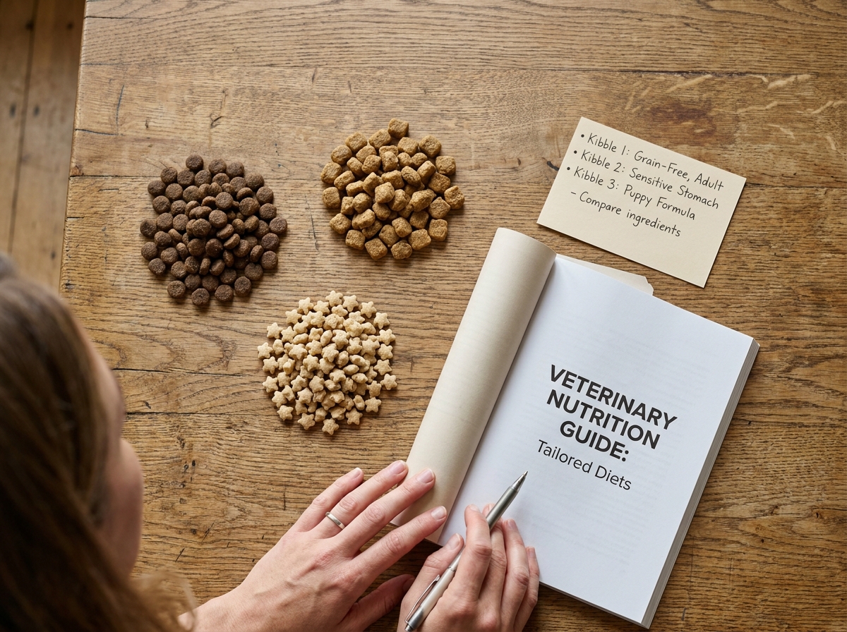 Comparaison de différents types de croquettes pour chien sur une table en bois avec un guide nutritionnel