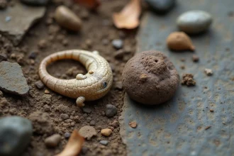 Comparaison côte à côte d'une crotte de lézard et d'une crotte de crapaud sur une pierre, vue macro
