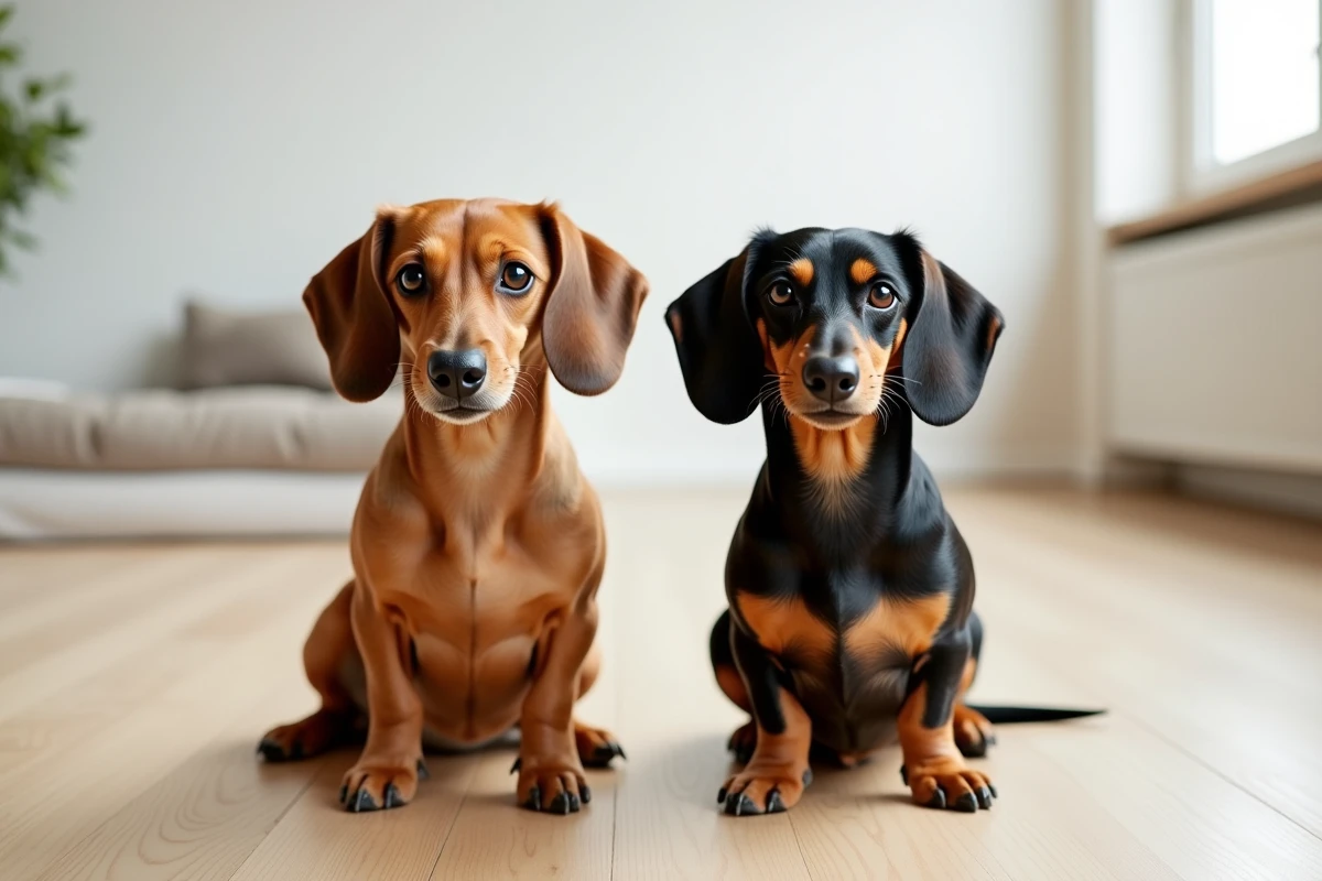Comparaison de deux teckels côte à côte montrant les différences entre un teckel de standard de race et un teckel de famille