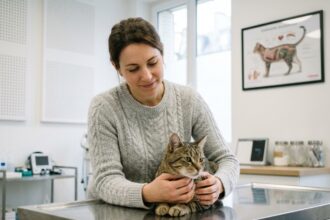 Femme tenant son chat roux sur une table d'examen dans une clinique vétérinaire moderne à Paris