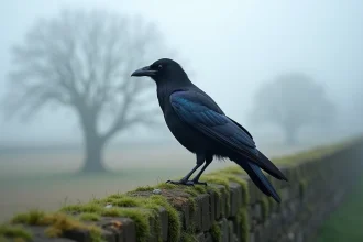 Corbeau noir aux reflets irisés perché sur un vieux mur de pierre moussu dans la campagne brumeuse, symbolisant le mystère et la sagesse des oiseaux noirs