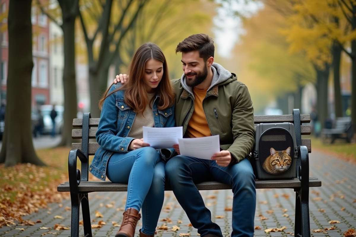 Jeune couple lisant avec leur chat dans un parc urbain