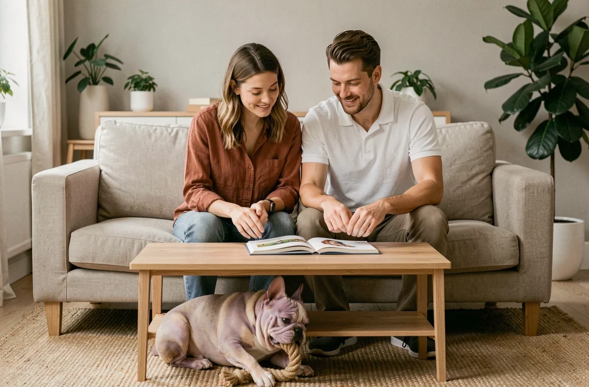 Couple consultant un guide d'éducation canine avec leur bouledogue français exotique lilas et feu