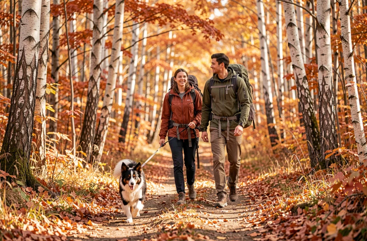 Couple en randonnée automnale en forêt avec leur border collie sur sentier de feuilles