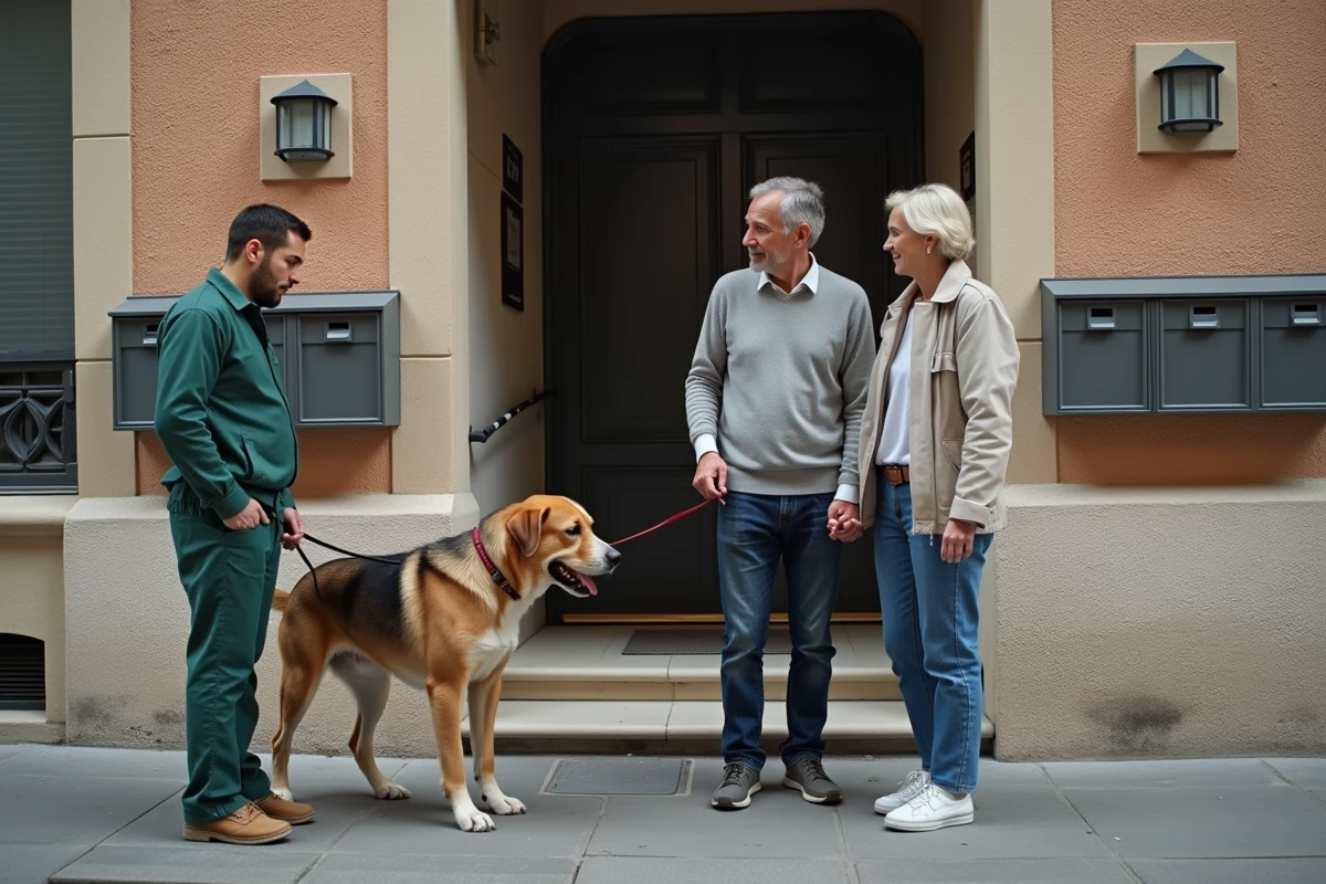 Couple regardant un vétérinaire examiner leur chien devant un immeuble