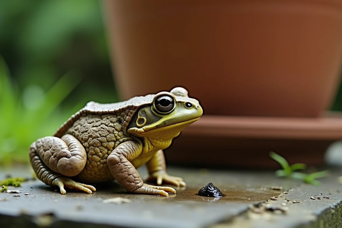 Crapaud commun avec une crotte fraîche visible sur une pierre moussue dans un jardin