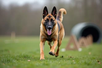 Croisé Malinois Berger allemand en plein exercice d'agilité sur un terrain d'entraînement extérieur