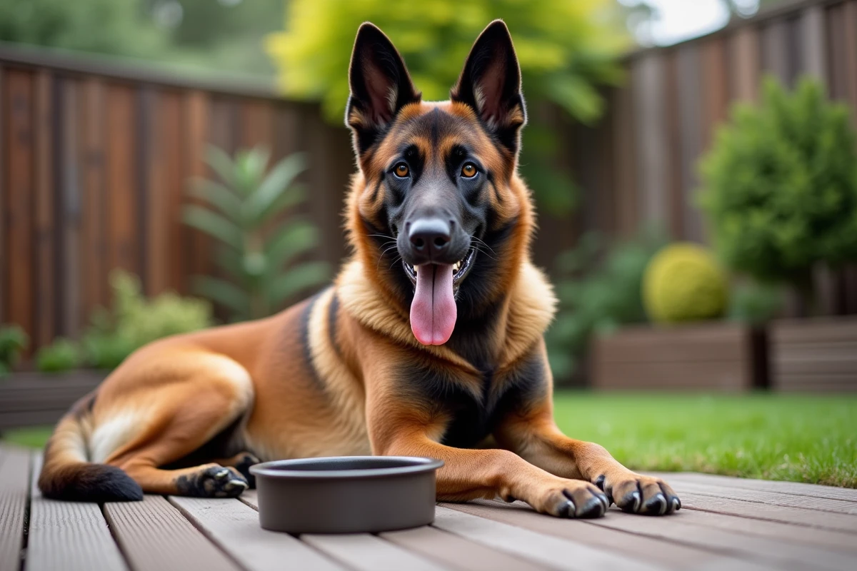 Croisé Malinois Berger allemand se reposant sur une terrasse en bois après une séance d'exercice intense