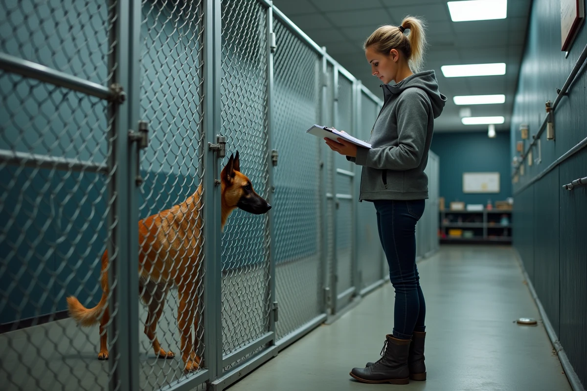 Cynologue professionnelle évaluant un Malinois belge dans un chenil de dressage spécialisé