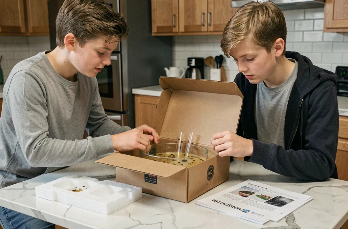 Famille déballant un kit fourmilière livré à domicile avec formicarium gel et accessoires sur un plan de travail de cuisine
