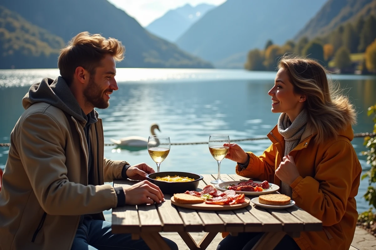 Couple déjeunant en terrasse près du lac d'Annecy avec vue sur les Alpes après la visite du zoo
