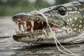 Gros plan sur une ligne de pêche effilochée coincée dans les dents d'un brochet, montrant l'abrasion typique du fil au contact de la mâchoire