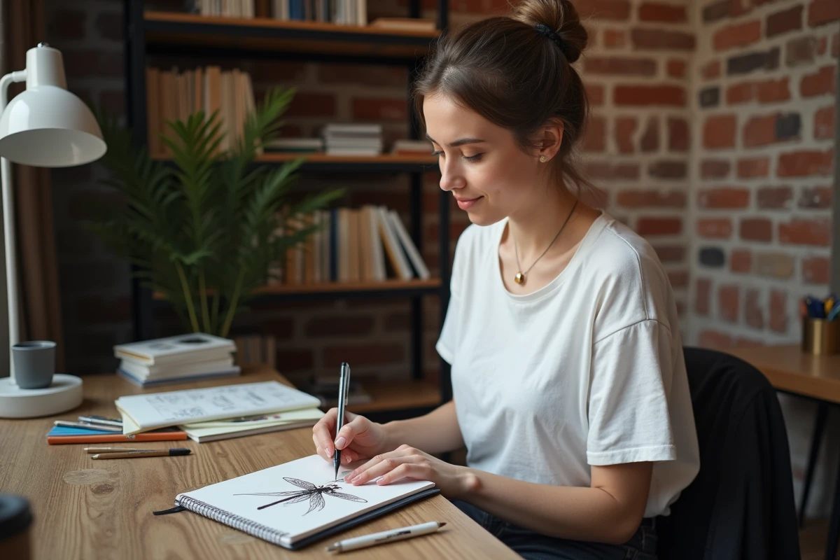 Jeune femme esquissant un tatouage dragonfly en studio