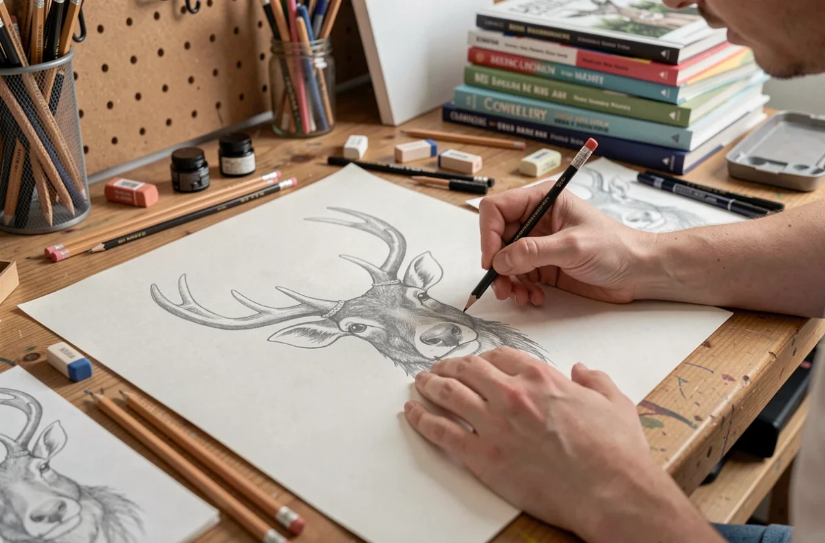 Artiste dessinant une tête de renne au crayon sur papier blanc, entouré de fournitures artistiques pour une décoration de vitrine de Noël