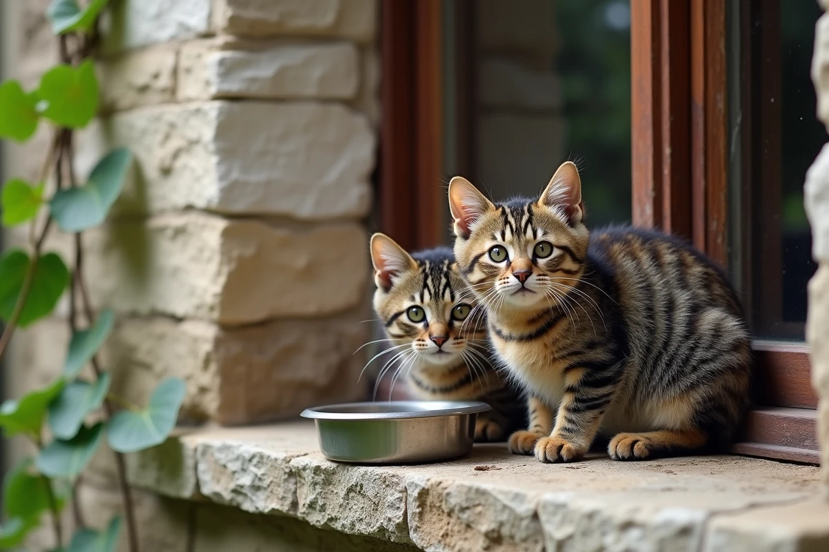 Deux chats tigrés buvant dans un bol en pierre sur un rebord de fenêtre