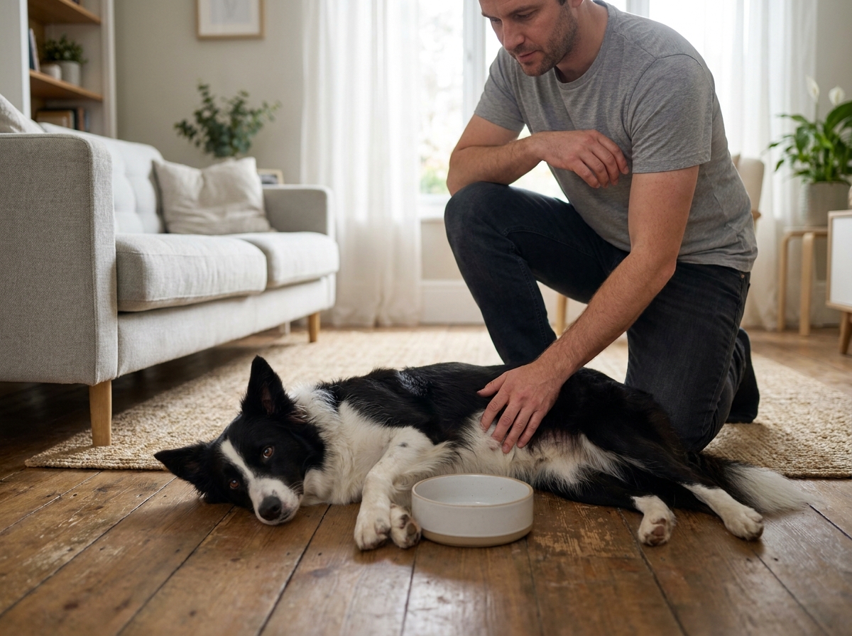 Homme vérifiant le ventre de son border collie couché après un repas, ambiance salon cosy