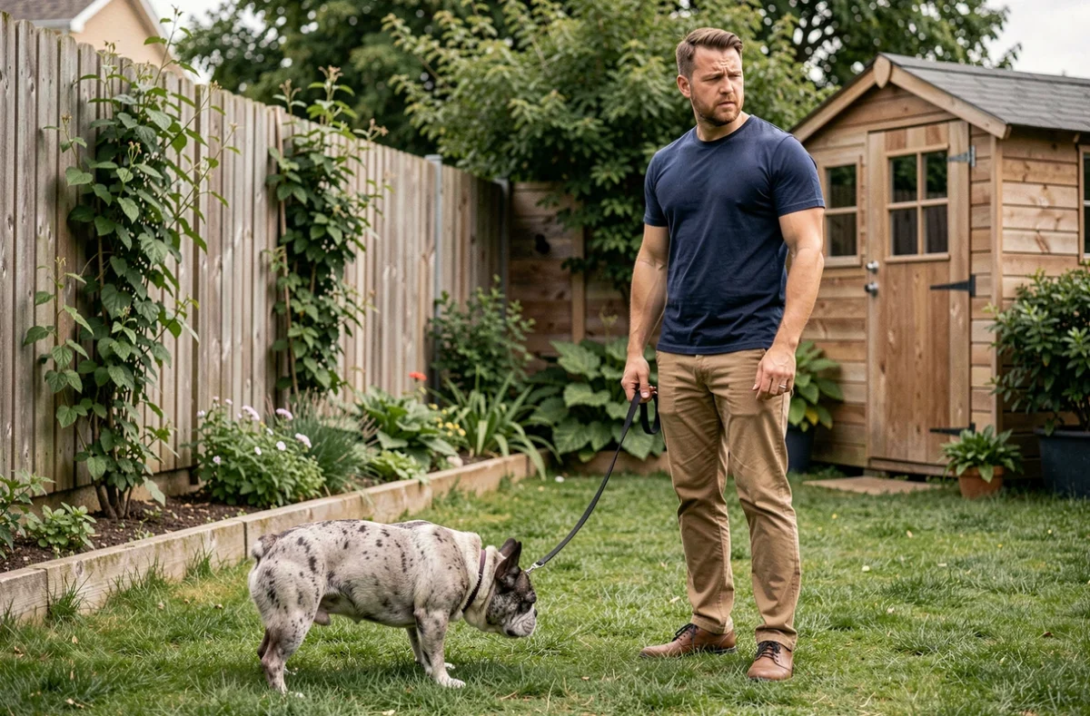 Propriétaire de bouledogue français exotique merle tentant un exercice d'obéissance dans un jardin