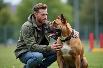 Jeune dresseur avec un American Bully XXL en parc urbain