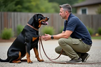 Dresseur professionnel en séance d'entraînement avec un Rottweiler dans un espace extérieur sécurisé