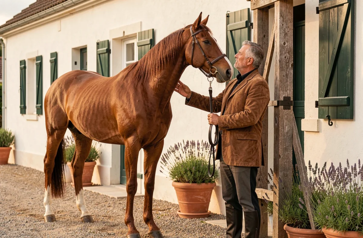Cavalier pansant son cheval dans la cour soignée des Écuries Dornic en Gironde