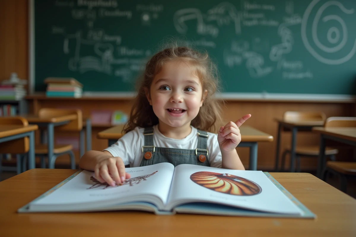 Élève découvrant des animaux en N dans une encyclopédie animale sur un bureau d'école, quiz scolaire sur les animaux