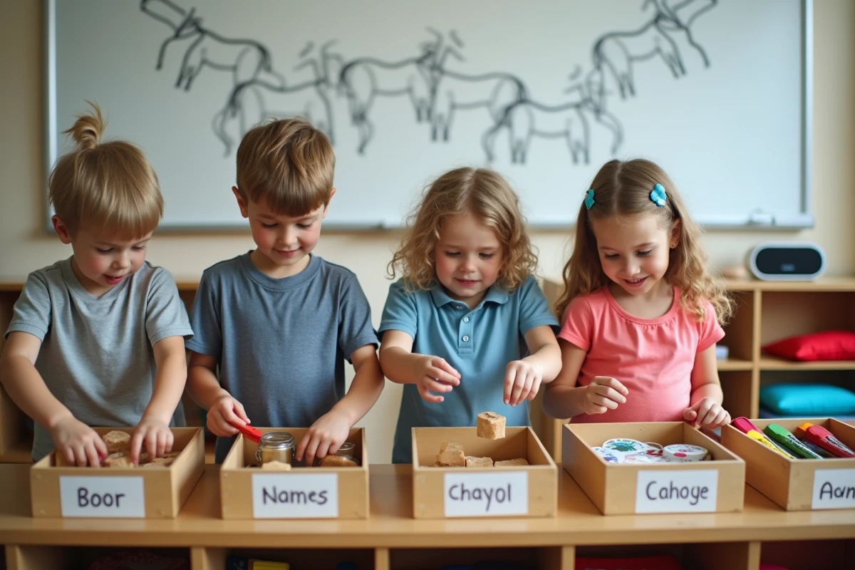 Groupe d'élèves de maternelle rangeant les fournitures scolaires dans des bacs colorés pendant une chanson en classe