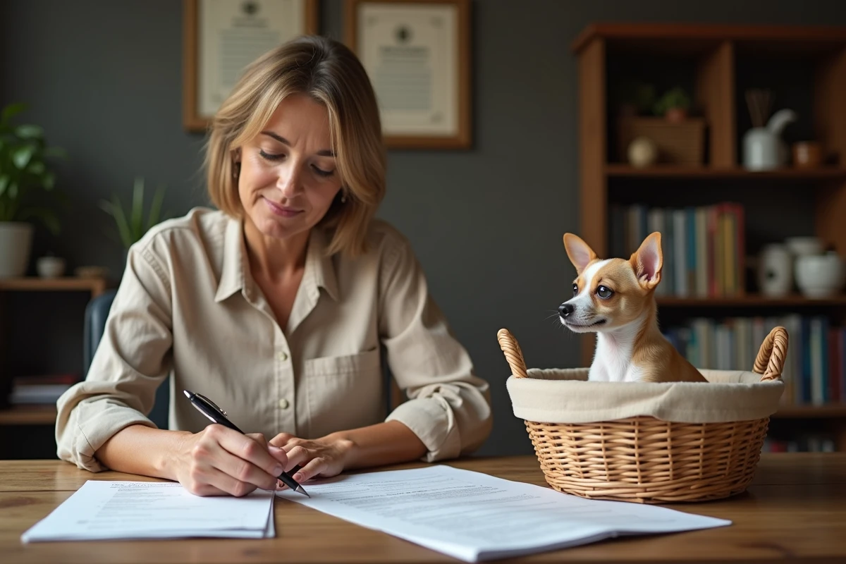 Éleveuse professionnelle examinant les documents de pedigree d'un chiot Chihuahua papillon pour authentifier son origine et éviter les arnaques à l'achat