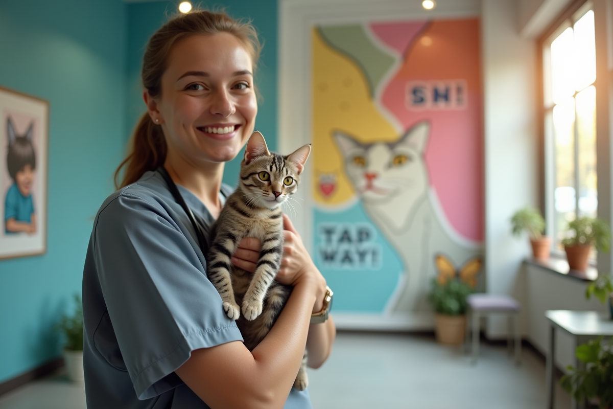 Employe caressant un chat devant affiche d adoption coloré