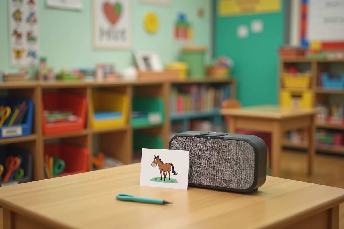 Enceinte Bluetooth sur bureau d'enseignant avec carte de playlist chanson du cheval pour rituel de rangement en classe