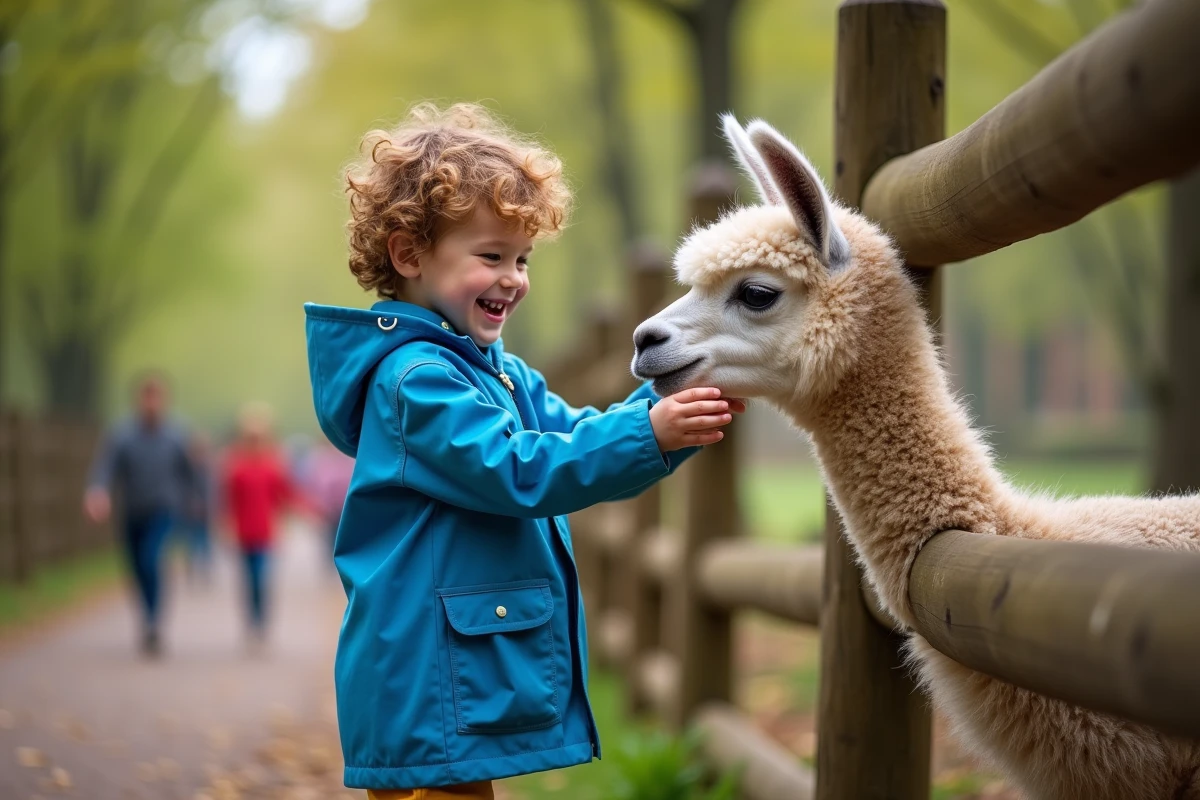 Enfant souriant caressant un alpaga dans un parc animalier