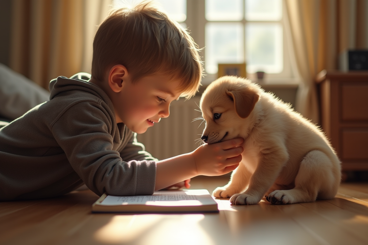 Enfant caressant doucement un chiot dans une ambiance chaleureuse