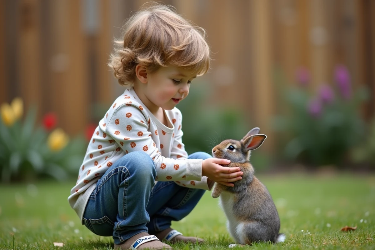 Enfant observant un petit lapin dans ses mains