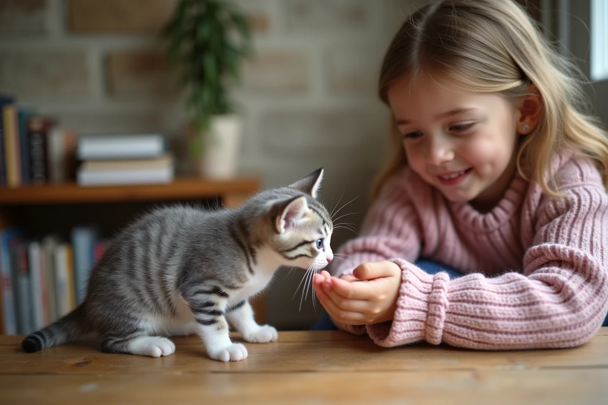 Jeune fille tendant la main à un chaton gris de 3 mois dans un appartement de style breton à Rennes