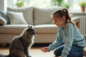Jeune fille approchant calmement un chat Bleu Russe à la maison, démontrant les bons gestes de contact sécurisé avec l'animal