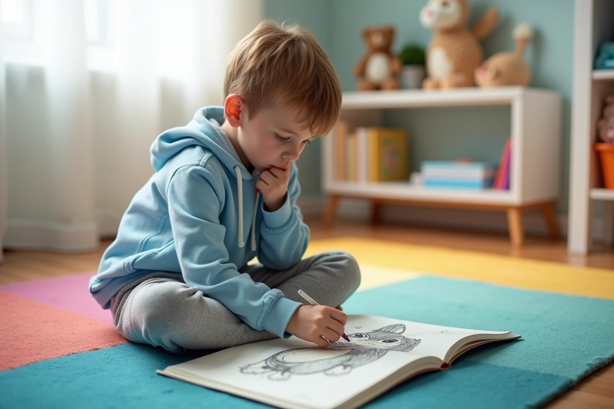 Enfant assis sur un tapis coloré dessinant un loup kawaii aux formes rondes dans un grand carnet de croquis