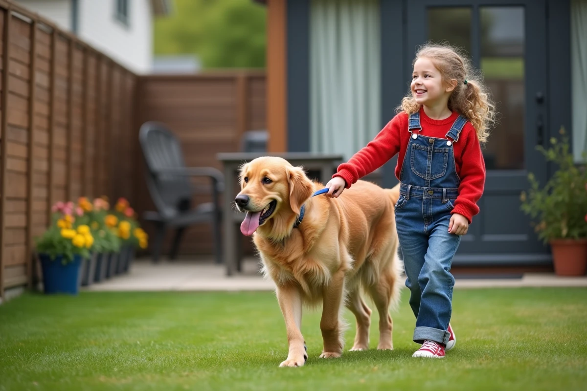 Fille de huit ans marche avec un retriever dans le jardin
