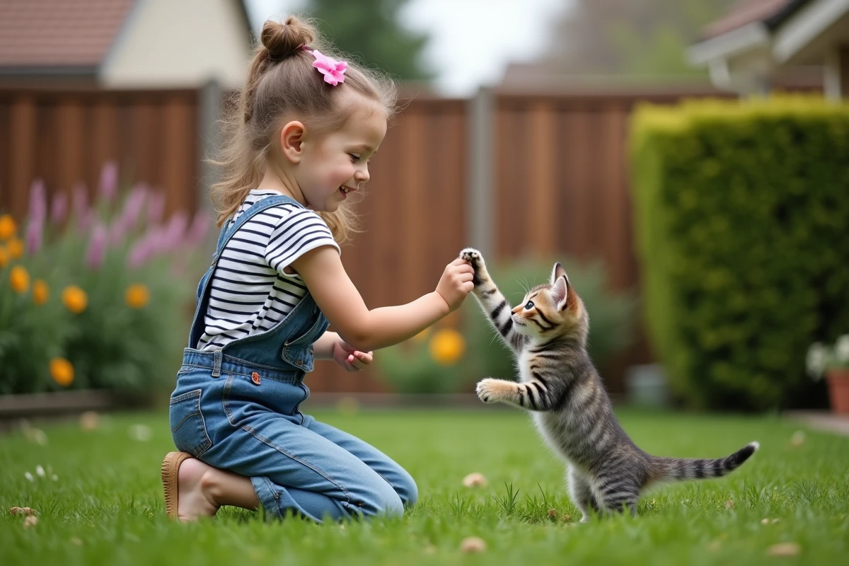 Fille en jardin avec chaton jouant en extérieur