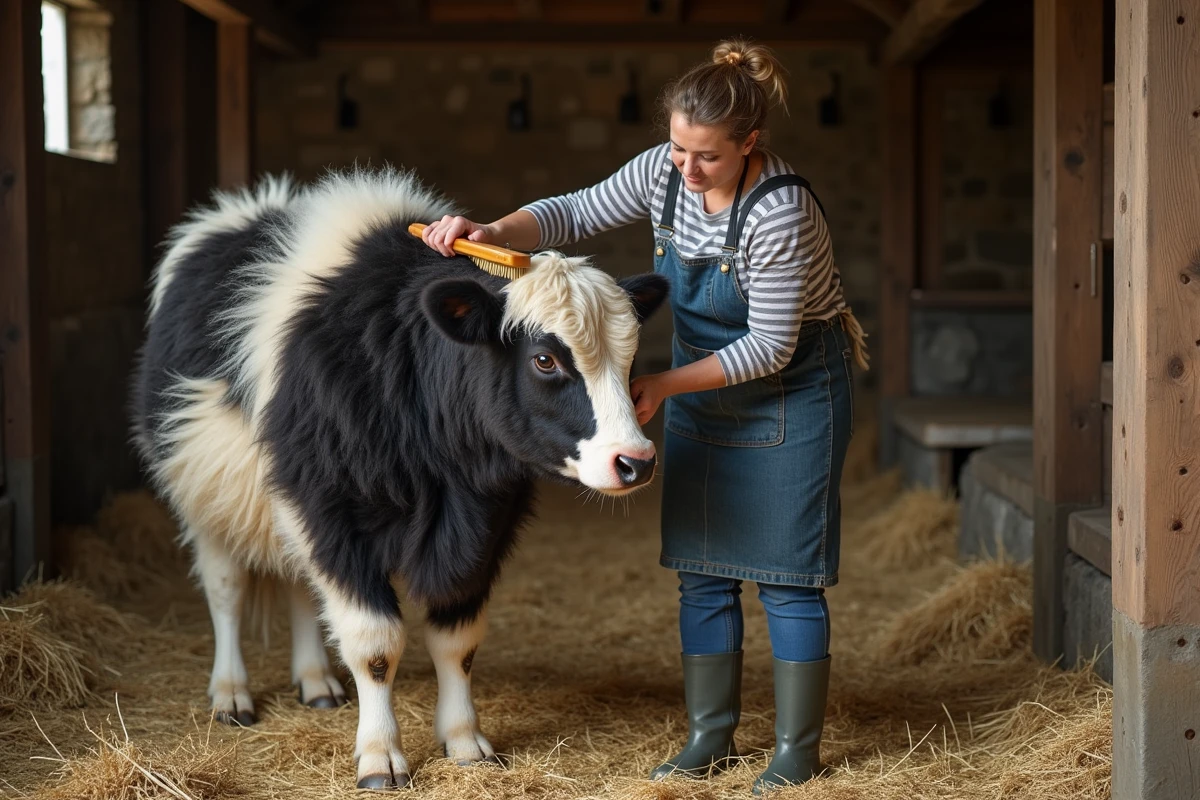 Éleveuse brossant une vache Galloway au pelage bouclé et duveteux dans une étable rustique en bois avec de la paille fraîche