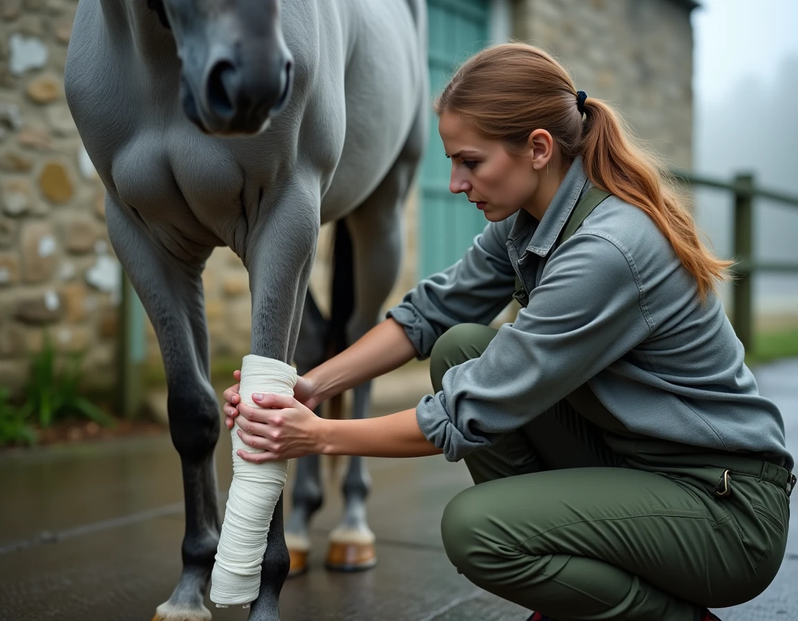Femme soignante appliquant un bandage incorrect sur la jambe enflée d'un cheval gris attaché à un poteau extérieur