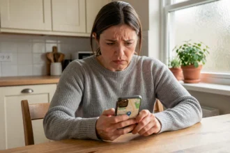 Femme frustrée regardant un GPS imprécis sur son smartphone à la maison, illustrant les erreurs de localisation par puce