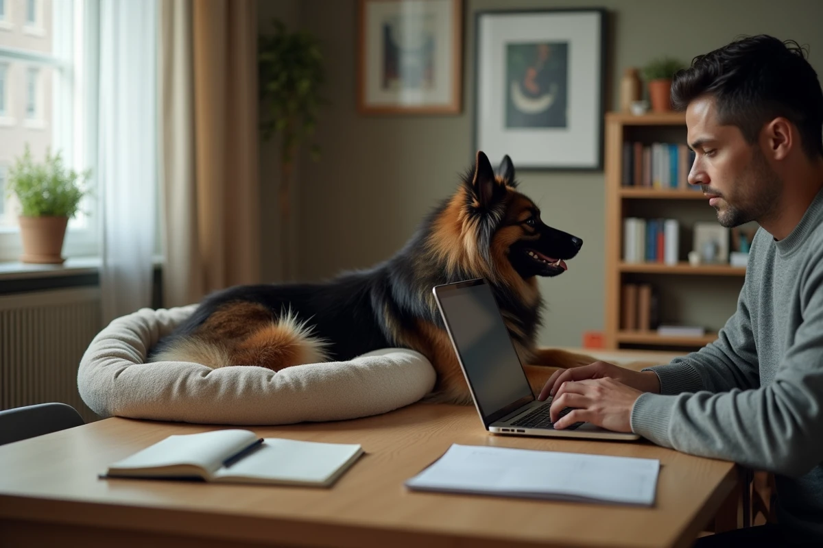 Eurasier adulte allongé près de son maître en télétravail dans un bureau à domicile chaleureux