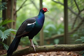 Faisan obscur mâle perché sur une branche dans une volière naturelle, plumage irisé bleu-violet et caroncules rouges bien visibles