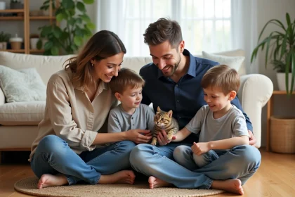 Famille avec deux enfants découvrant un chaton tigré de 3 mois dans un salon chaleureux à Rennes