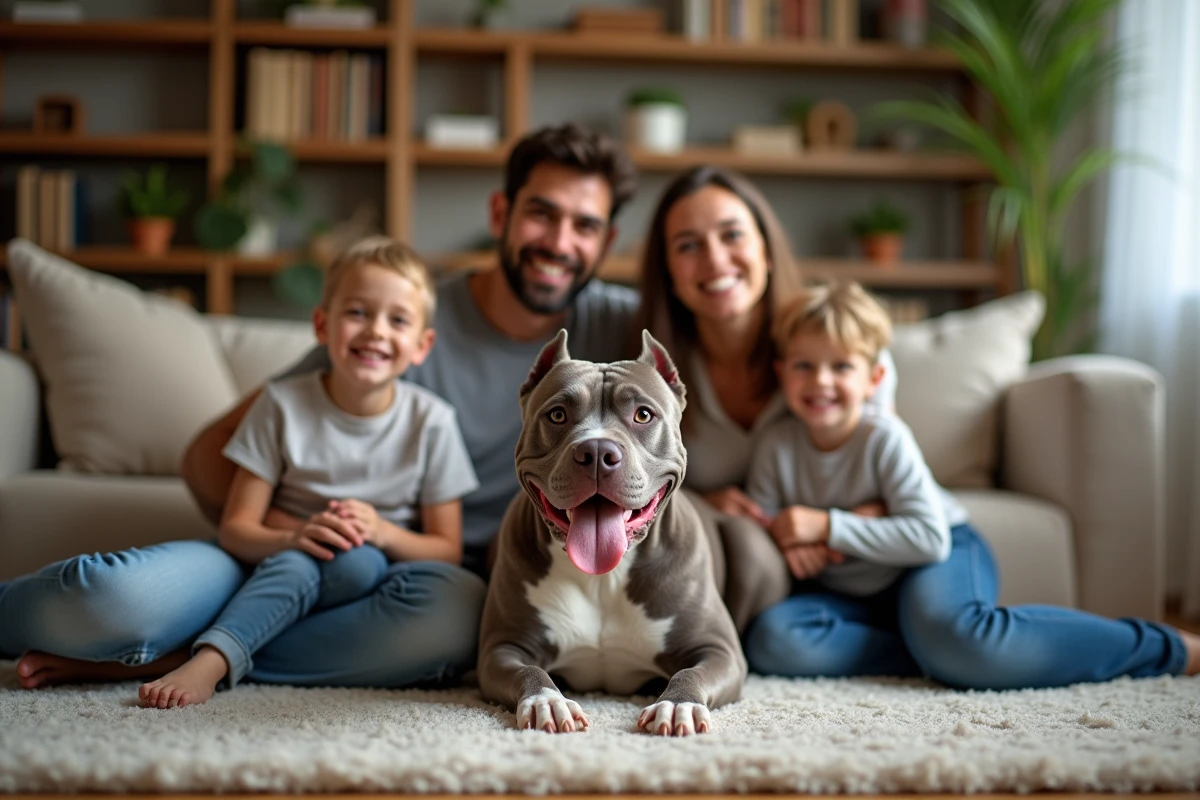 Famille souriante avec un pitbull dans le salon
