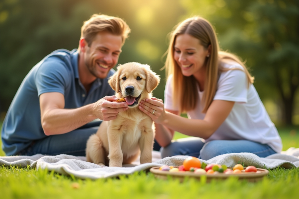 Famille donnant à manger un chiot golden retriever sur l