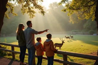 Famille visitant un parc animalier à Strasbourg tôt le matin, observant des cerfs dans leur enclos depuis une passerelle en bois