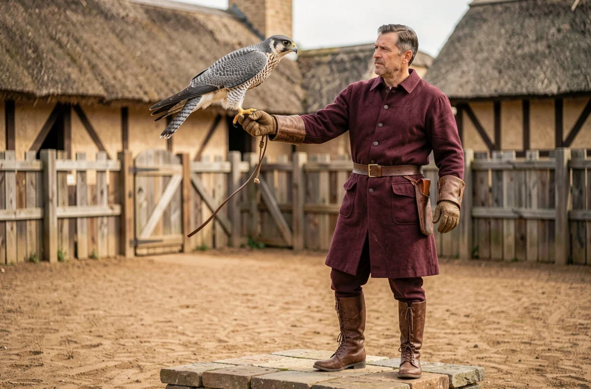 Fauconnier en costume médiéval recevant un faucon pèlerin sur son poing ganté au Puy du Fou